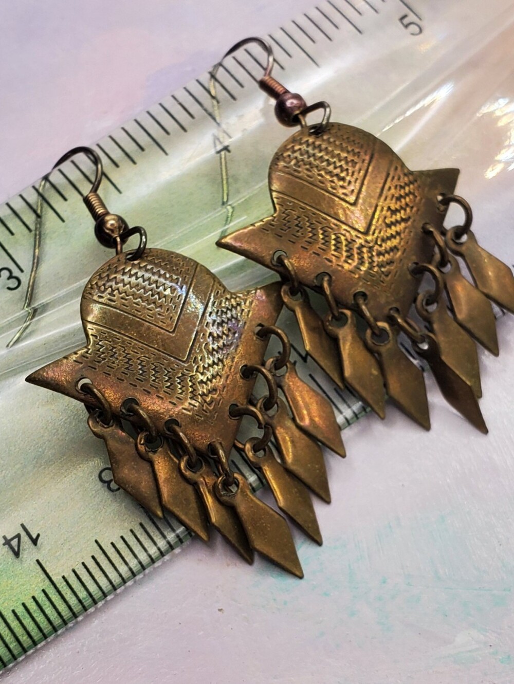 70s Bronze Earrings Hippie Girl Gypsy Fringe Dangles